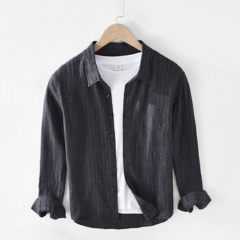 纯亚麻衬衣男条纹休闲外套简约宽松男装上衣百搭舒适透气衣服时尚潮流