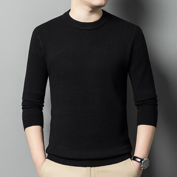 鹿王秋季提花羊毛衫圆领男士长袖纯色针织中青年薄款男线衣80812黑色