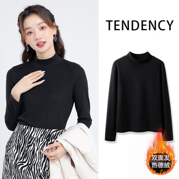 La Chapelle City拉夏贝尔咖色德绒打底衫2023秋冬季新款女士简约加绒内搭秋衣上衣 黑-纯色 L