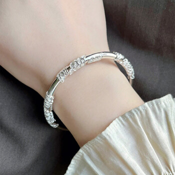 金六福吉祥繁花似锦银手镯女s999足银手链实心镯子送女朋友妈妈生日