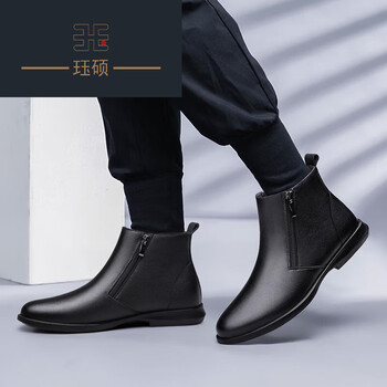 珏硕高帮皮鞋男士头层牛皮英伦风切尔西靴子商务休闲冬季加绒真皮棉鞋