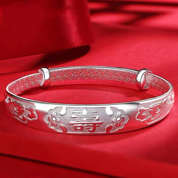 周大福9999足银镯子女寿字双鱼银手镯实心推拉式母节妈妈礼物 30克寿