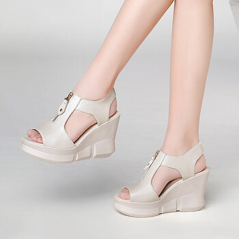 dr牛皮坡跟凉鞋女超高跟厚底松糕露趾百搭女鞋时尚气质前拉链性感时装