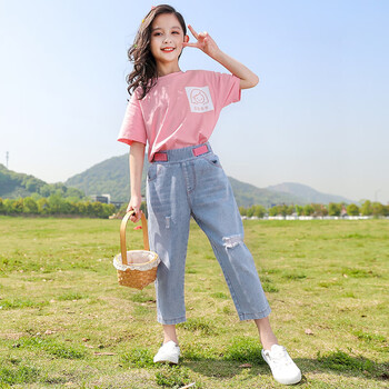 哈熙牛女童夏季套装2023新款儿童洋气12岁中大童运动女孩短袖夏装两件