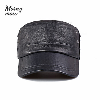 mornymoss品牌真皮平顶帽男韩版时尚休闲中老年羊皮鸭舌帽男光皮黑色