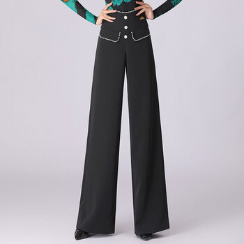 丹宝罗交谊舞裤珍珠边花边长裤黑色练习裤国标舞春秋新款黑色女裤珍珠