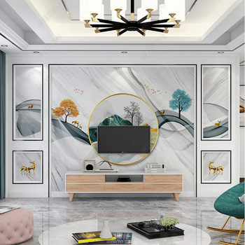 米柔 18d五宫格自带边框 电视背景墙壁纸 3d山水客厅大气简约现代影视