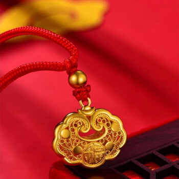 周大 福999足金平安锁吊坠古法花丝福字锁包编织如意长命锁黑绳 黄金