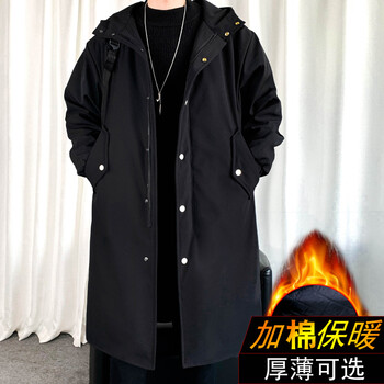 抖风 风衣男秋冬季韩版宽松中长款大衣男潮牌加棉加厚大码青少年外套 黑色加棉 2XL建议175-190斤