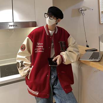 帝国潮品红色棒球服夹克男士春秋美式复古上衣服情侣拼接撞色休闲宽松