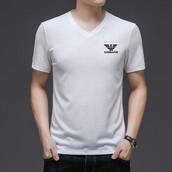 roman armani男式短袖t恤2023年夏季新款v领印花品牌男装休闲上衣服