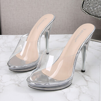 两穿凉鞋女细跟凉拖鞋高跟鞋夏季超高跟性感走秀防水台透明水晶玻璃鞋