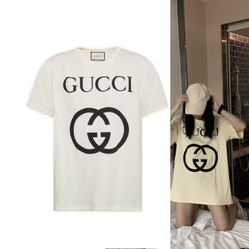 古驰gucci父亲节礼物gucci饰互扣式g大造型短袖t恤男女同款黑白色送礼