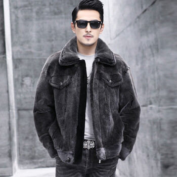 高端品牌男士穿的美国进口貂皮大衣男翻领青年时尚水貂毛整貂皮外套短