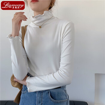 兰缦尼 秋冬季打底衫女士半高领长袖无尺码百搭显瘦木耳边内搭女上衣 白色 均码(建议80-135斤)
