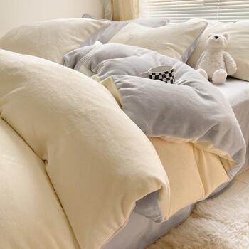 J.H.Longess 厚实保暖纯色双拼牛奶绒高克重秋冬加绒床上四件套 奶黄+米灰/LJR 1.8床 床单款 (被套200*230cm) 套件