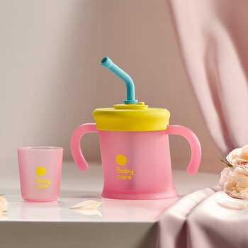 babycare宝宝学饮杯斜口杯硅胶敞口儿童直饮家用喝水吸管杯防摔光珊红