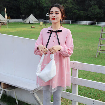 槿茗慷孕妇春装套装时尚款新款连衣裙小个子翻领衬衫裙宽松长袖上衣