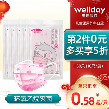 维德医疗(WELLDAY)一次性儿童医用外科口罩挂耳式三层无菌级防细菌飞沫轻薄透气防护口罩10只/袋 【非独立包装灭菌级50只】小粉猫