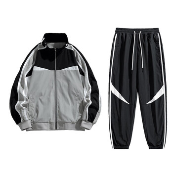 春秋新款休闲套装男士立领夹克外套韩版宽松学生潮流运动服两件套黑色