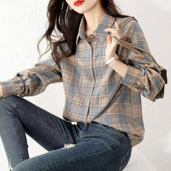 普宁女士衬衫春秋磨毛格子长袖复古时髦港味格子宽松衬衫上衣灰蓝色m