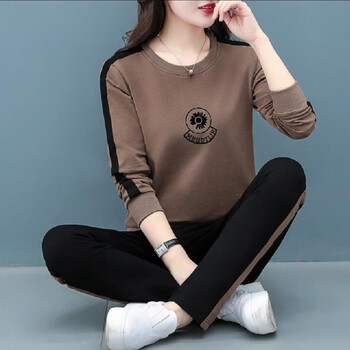 哈曼莱登两件运动服卫衣套装女士新款春款休闲时尚小雏菊宽松早春穿搭女装 咖色 L【建议95-110斤】
