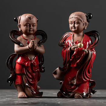 福禄齐陶瓷金童玉女一对家用佛像摆件供奉招财善财童子龙女观音菩萨