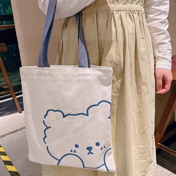 默然诺尔可爱帆布袋大容量家庭购物袋女出行单肩包学生上课带补捂脸熊