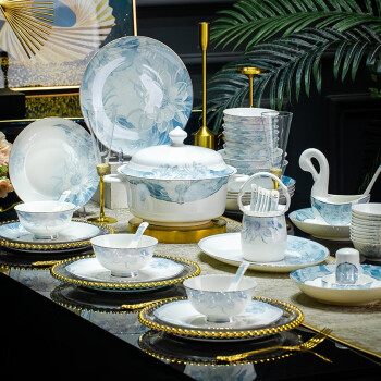 梵宇骨瓷高档餐具套装乔迁结婚送礼高级碗碟盘子高脚碗景德镇鱼盘筷子