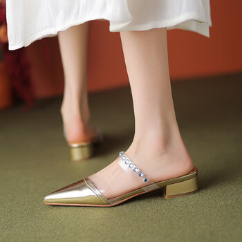 hnhf品牌品牌2022年新款夏穆勒尖头一字扣带法式后空单鞋低跟透明包头