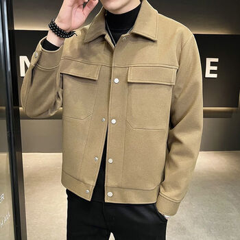 外套男士秋冬季2022年新款加厚短款夹克韩版潮流百搭毛呢卡其色m85100