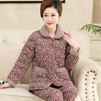 冬季中老年人妈妈睡衣女纯棉加厚三层夹棉袄秋冬加棉保暖全棉套装fx4