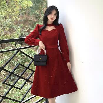 适合年会穿的裙子圣诞红色丝绒连衣裙秋冬女胖新年战袍小礼服惊艳红色