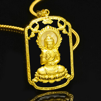 黄金转运珠十二生肖本命佛999足金阿弥陀佛守护神和田墨玉吊坠链 转运