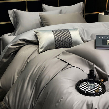 轩蓝仕A类新疆全棉长绒棉100支贡缎织带四件套 纯棉缎纹床品套件 绅士灰-YC 床单款 1.8米床(被套200*230cm)