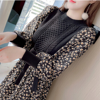 【高品质】【品牌特价】法式碎花灯芯绒针织碎花连衣裙子女装秋冬装年新款打底冬裙女 白色 S