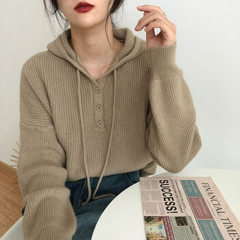 衫女毛衣女秋冬装复古日系慵懒风宽松春秋外穿森系连帽针织衫卡其色s