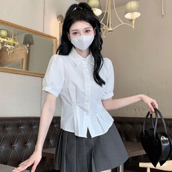 纤多洛学院风泡泡袖收腰白色短袖衬衫女夏季新款衬衣短款设计感众上衣