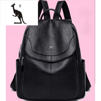 酷奇袋鼠轻奢双肩包女2023新款时尚休闲背包女士百搭头层牛皮旅行背包 黑色【 无礼品】