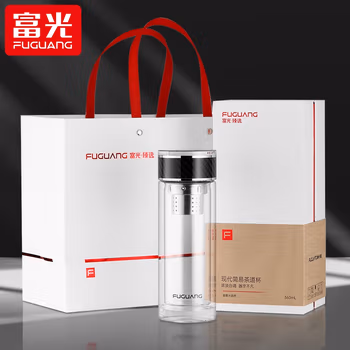 富光 双层玻璃杯带盖俊雅泡茶师商务男士大容量水杯高档茶水分离杯 黑色 360ML