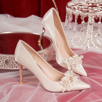 鞋女新娘鞋新款小众设计感秀禾婚纱两穿不累脚高跟鞋浅香槟色8厘米38