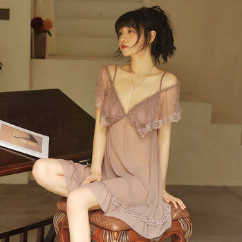 qiwn新款网纱吊带性感女士睡衣透明诱惑火辣睡裙两件套8105豆沙裙内裤