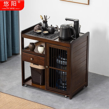 悠阳中式移动茶台家用茶水柜带轮可移动小型茶车茶具套装茶几泡茶桌子 单张/胡桃色64长乌金石+带盖板