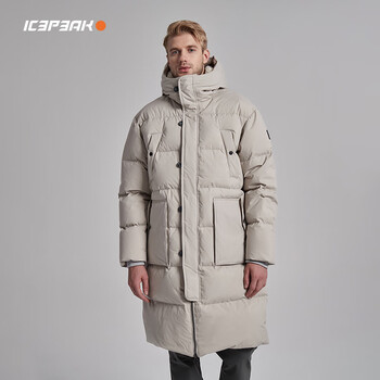 icepeak新款男北欧风保暖中长款羽绒服白鹅绒填充 麻灰色 s