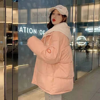 假两件连帽棉服女短款冬季新款百搭棉袄子ins加厚面包服韩版学生宽松百搭棉衣女外套潮 粉色（优质版） M
