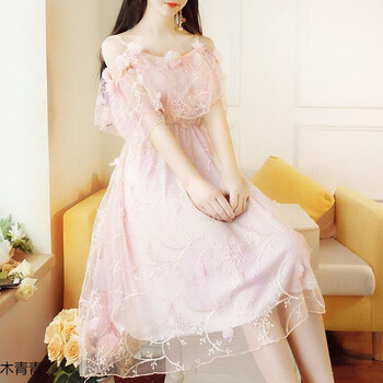 一字肩连衣裙仙女裙网纱学生女夏韩版小清新仙气长裙吊带裙橘粉色s