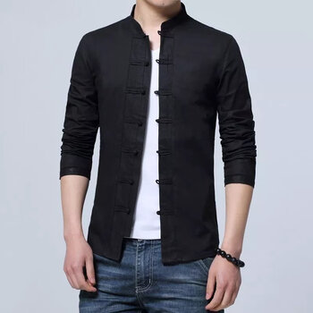 七匹狼男长袖色衬衫中式复古盘扣衬衣男士春秋上衣中国风男装9195黑色