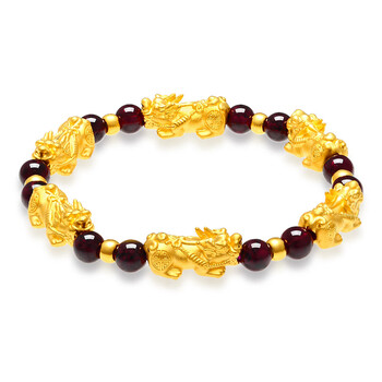 暮璃999足金黄金貔貅手链男3d硬金转运珠皮丘手串石榴石手链女款4只