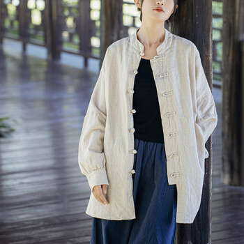 北极绒中国民族风棉麻上衣秋装女中长款宽松文艺复古盘扣衬衫开衫外套