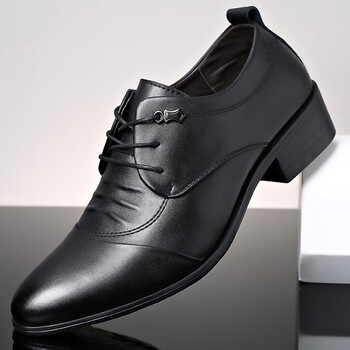 睿澈高跟皮鞋男尖头式商务正装三接头内增高休闲英伦舞鞋 黑色【跟约4